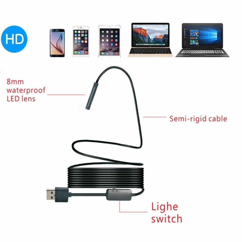 와이파이 내시경 카메라, HD 1200P 미니 방수, 유선 무선, 8mm, 8 LED 보어스코프 카메라, 안드로이드 PC, IOS 내시경, 1 세트