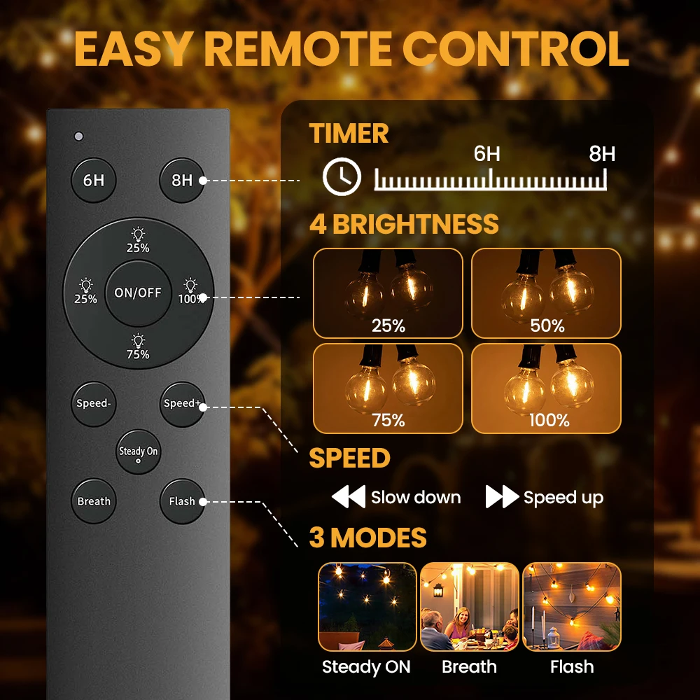 Outdoor String Lights 18M-35M G40 Bulbs IP44 Waterproof Dimmable Hanging Connectable Outdoor Lights 24V Low Voltage with Remote - 3