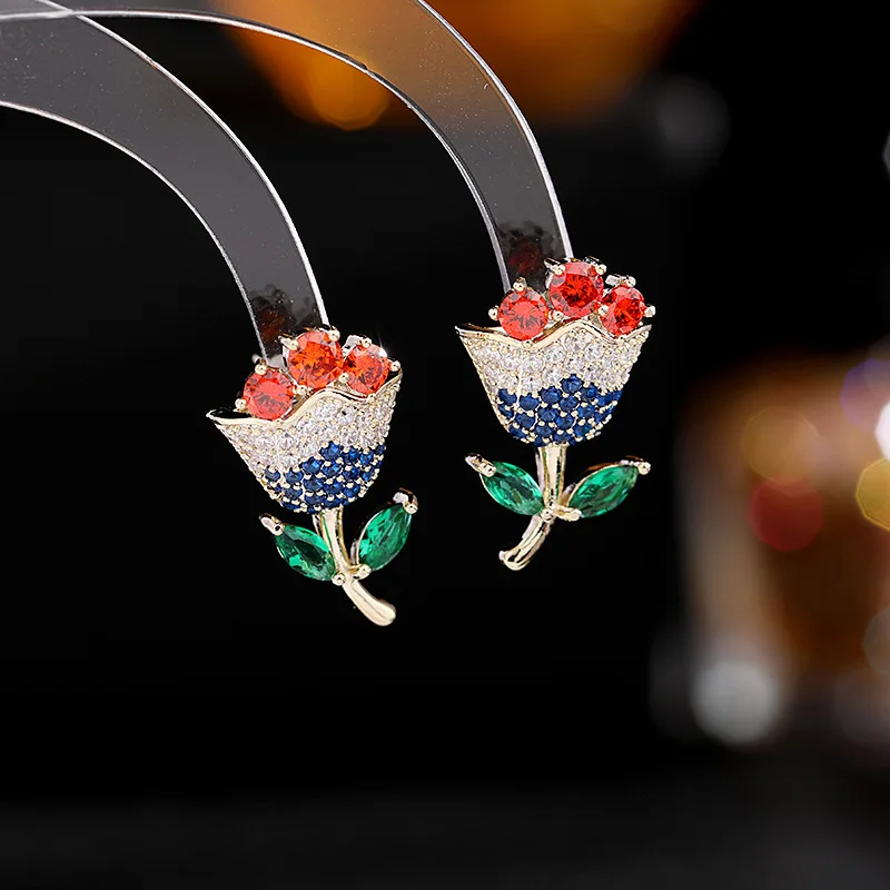 

Romantic Sweet Rose Flower Stud Earrings For Girls Summer Fashion Statement Plant Ear Studs Cubic Zirconia Brand Jewelry