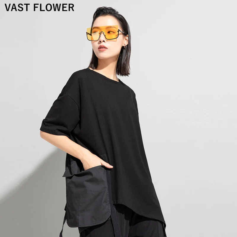 

Women Black Irregular Pocket Patchwork Oversized T-shirt New Short Sleeve Loose Casual Tshirt Top Fashion Clothes Summer 2023