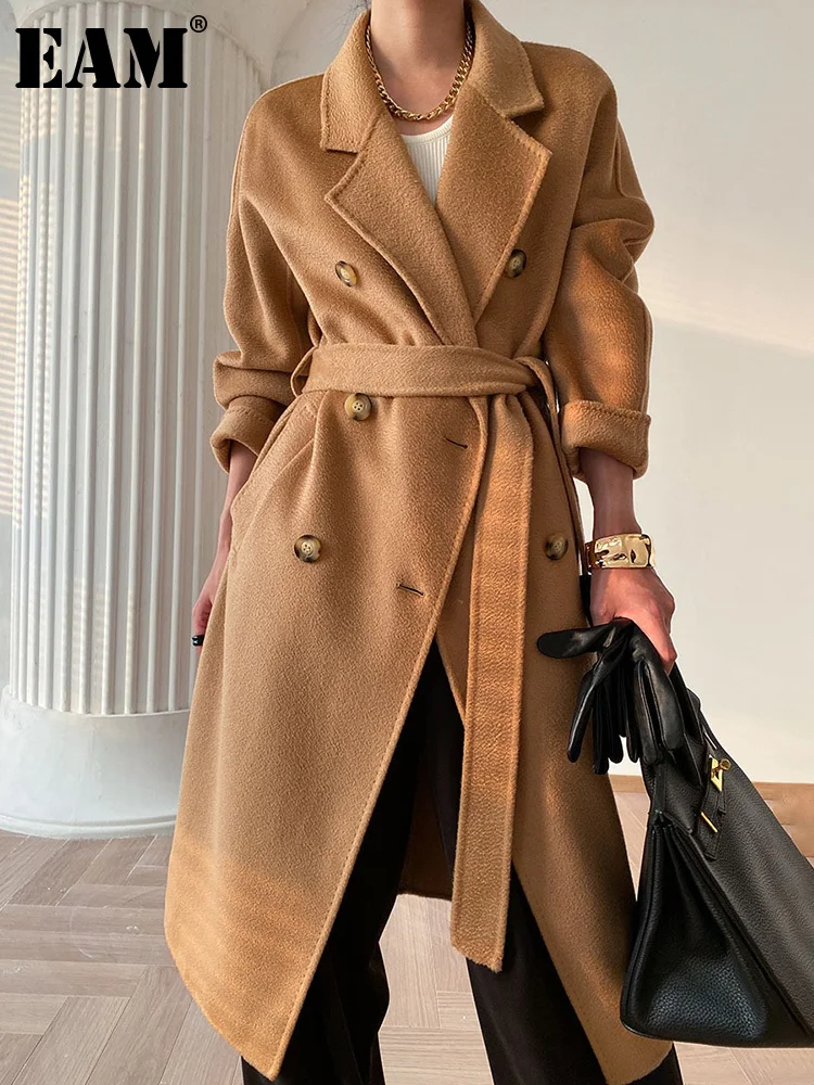 

[EAM] Apricot Big Size Belted Loose Fit Woolen Coat New Lapel Long Sleeve Women Jacket Fashion Tide Autumn Winter 2023 1DH2475