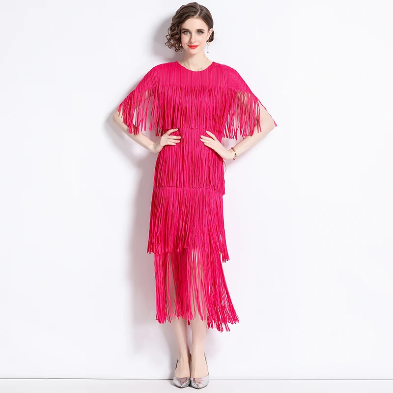

High Quality 2023 New Summer Women Fashion Elegant Tassel Short Sleeve O Neck Casual Loose Holiday Party Cakie Dresses