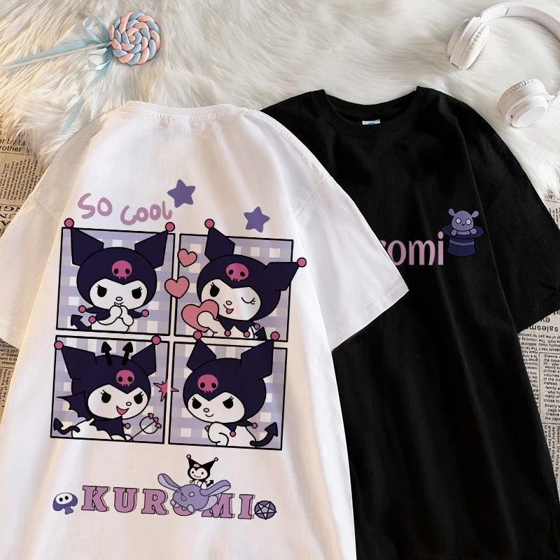 

Sanrios Kawaii аниме Kuromi Милая мультяшная футболка с коротким рукавом Новые летние свободные тонкие хлопковые топы для девочек подарок на день рождения семья Oufis