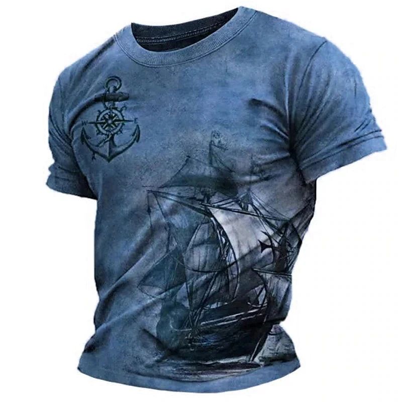 

Vintage Men's Short Sleeve Shirt Compass Print T-shirt Nautical Tops Summer O-Neck Sweatshirt Tees Designer Daily Mens Clothing