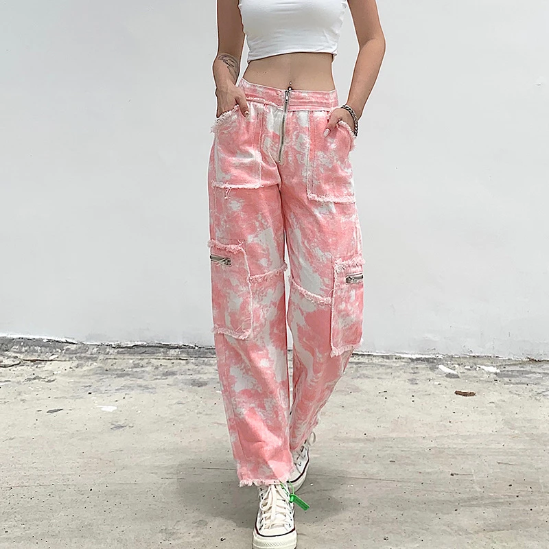 

Women Pocket High Waist Denim Pants Casual Fashion Long Trousers Streetwear 2021 New fashion Hip hop Zipper pants Tie Dye Jeans