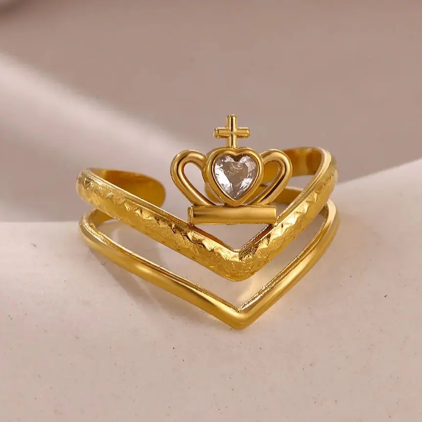 Zircon Crown & Heart Rings for Women Gold Color Stainless Steel