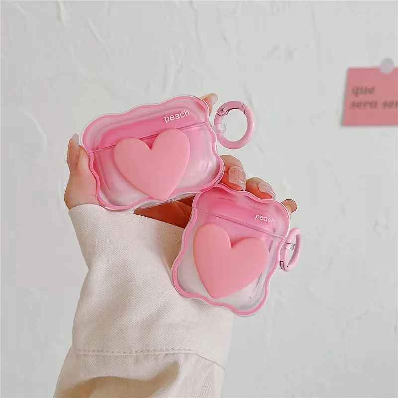 

3D Cute Heart Earphone Case With Keyring For Apple Airpods 1 2 Pro Cover Fashion Headphones Cases For Airpods 3 Charging Box