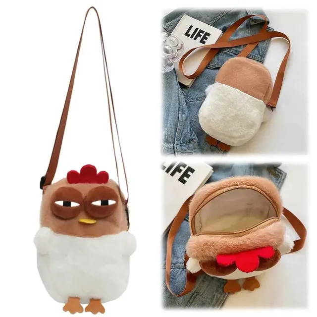 Women Hen Shaped Shoulder Bag Plush Fluffy Cartoon Crossbody Bag with Adjustable Strap for Travel Party Creative Handbag Purse 6