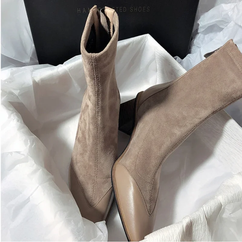 2023 New Pointed Women's Ankle Boots Fashion Square High Heels Elegant Fashion Women's Short Boots Comfort Casual Women's Boots