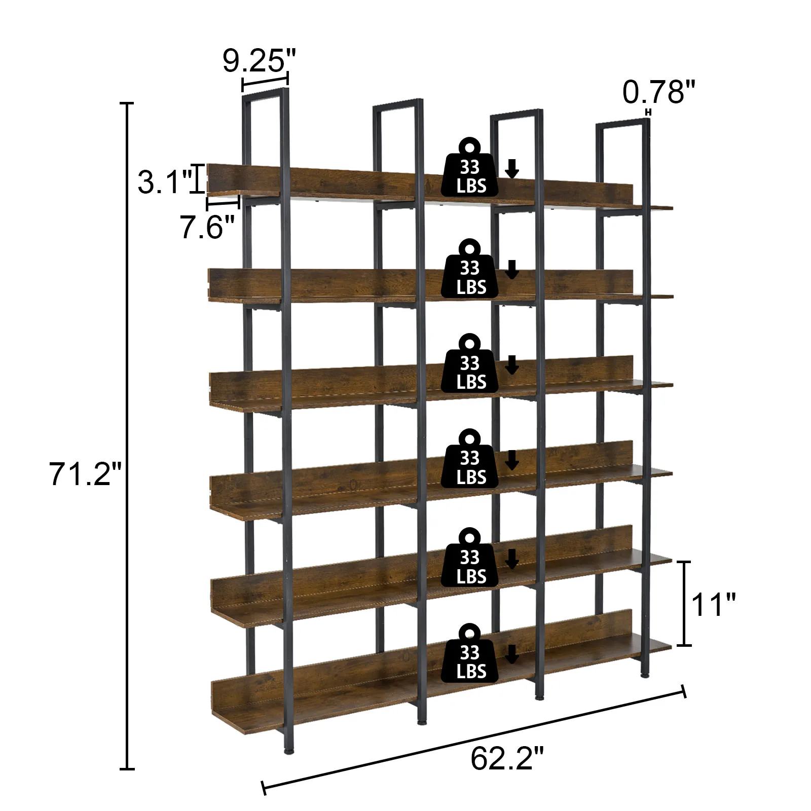 Bookcase and Bookshelves Triple Wide 6 Tiers Large Open Shelves, Vintage Bookcase for Office Home Decoration, Easy to Assemble - Image 2