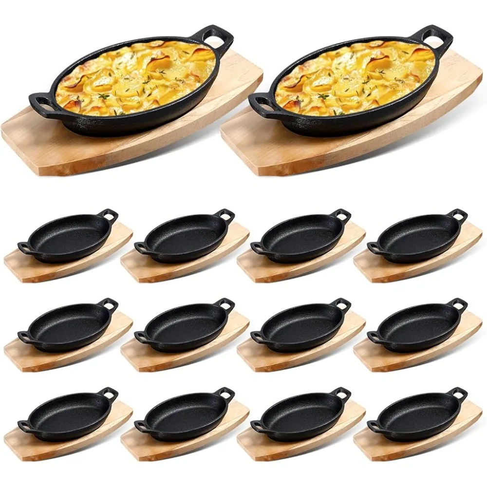 

Cast Iron Skillet with Wooden Base Cast Iron Plates Oval Dish Serving Sizzling Plate Cast Iron Pan for Baking Roasting Cooking