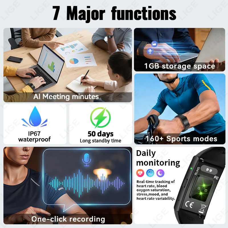 1GB 저장 용량 스마트 팔찌 79개 언어 번역 원클릭 AI 녹음 160+ 스포츠 모드 심박수 수면 스포츠 밴드