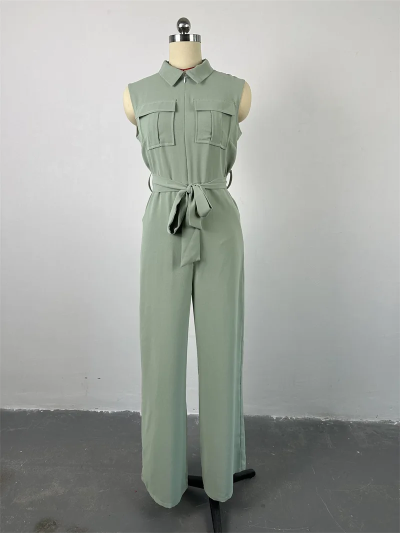Women Summer Zipper Fly Turn-down Collar Pocket Front Sleeveless Wide Leg Jumpsuit 2024 casual One Piece Suit Romper Playsuit
