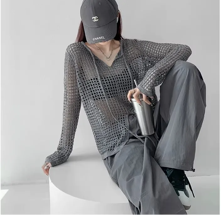 Damen 2026 Frühling Sommer Neu Lockerer Aushöhlter Strick-Langarm-Oberteil mit Schlitz Sonnenschutz-Cover-Up Lässiges Mode-T-Shirt – Detail 5