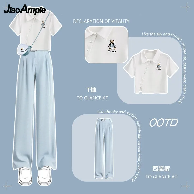 2024 Summer New in Matching Set Women's Cute Short Sleeve T-shirt Casual Suit Pants Two Piece Korean Elegant Tracksuit Suits