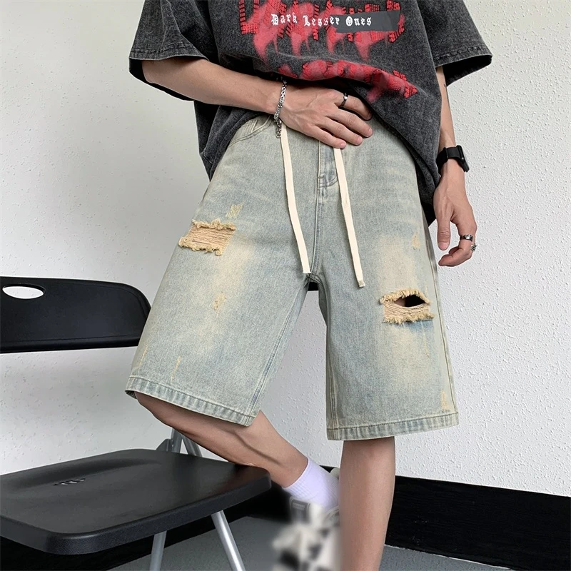 Men's Casual Denim Shorts Hip Hop Fashion Hole Short Pants Streetwear Stretch Washed Distressed Straight Leg Jean Shorts