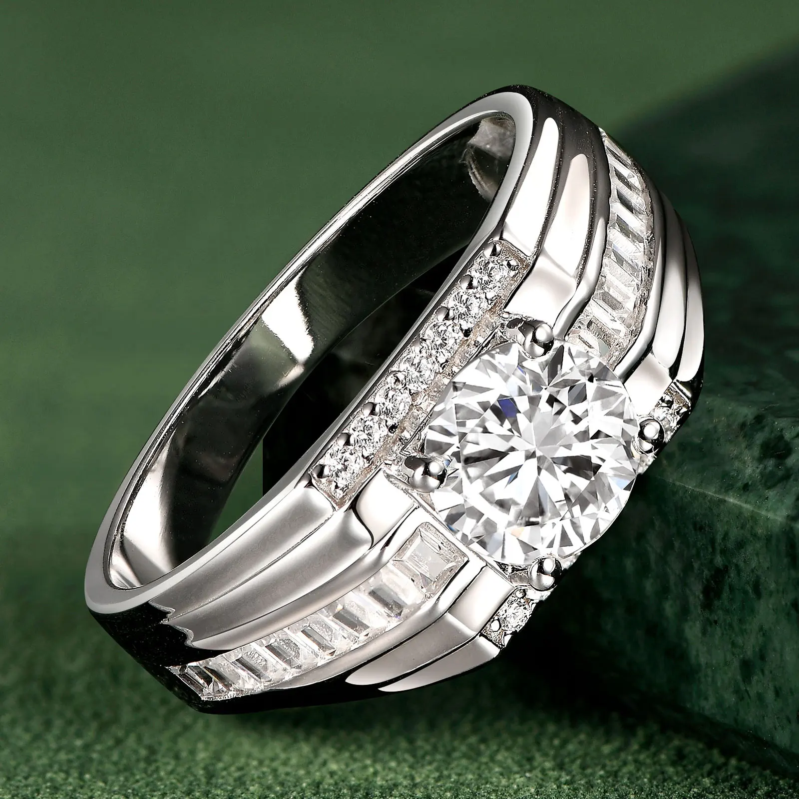 N​ewshe Genuine 925 Sterling Silver Wedding Ring for Men Moissanite 1.25Ct  Round White Simulated Diamond Luxury Fine Jewelry