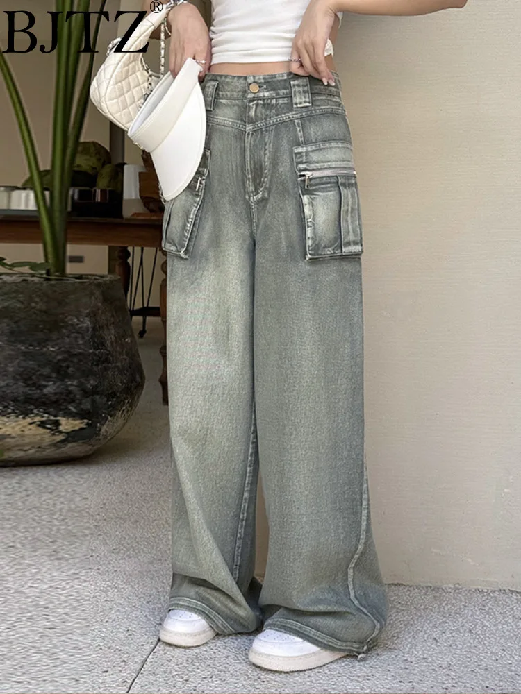 

BJTZ American Street Style Loose Fitting Cargo Jeans For Women 2024 Spring Autumn New Trendy Designer Wide Leg Pants HL547