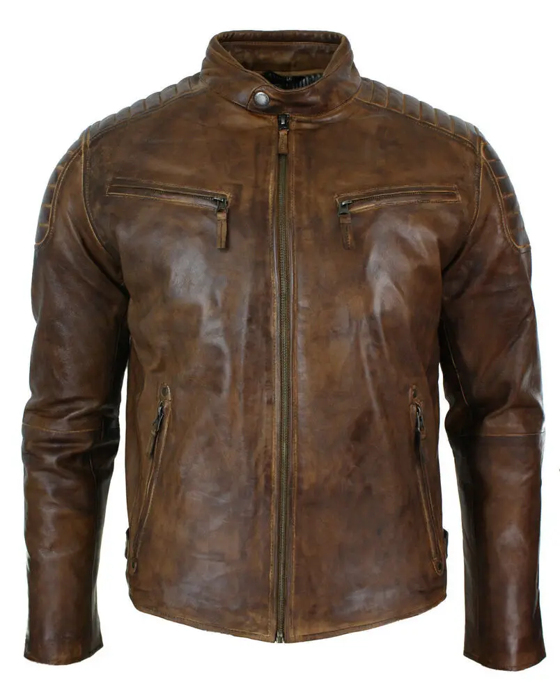 Mens Leather Jacket Vintage Biker Style Moto Biker Coat Cafe Racer Brown Distressed Fashion Outwear