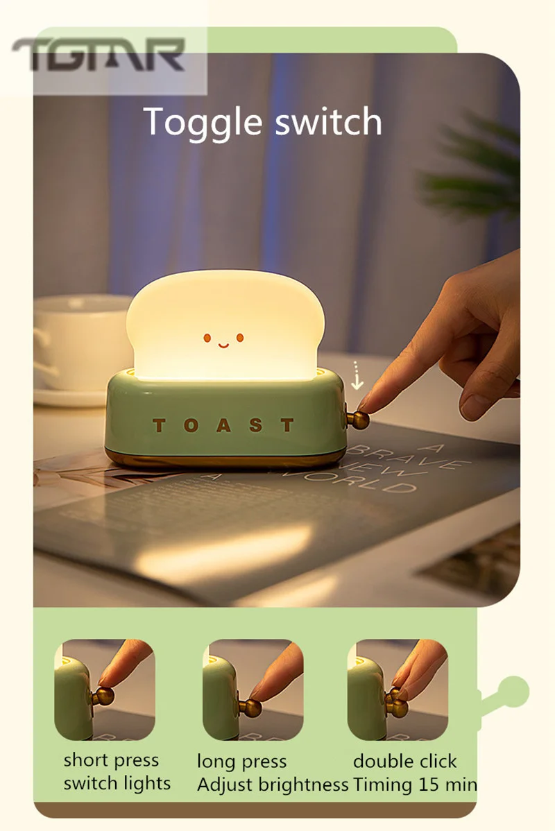 2022 Creative LED Bread Maker Night Light USB Charging Dimming Bedside Table Night Light Student Fun Switch Mood Light Girl Gift dinosaur lamp