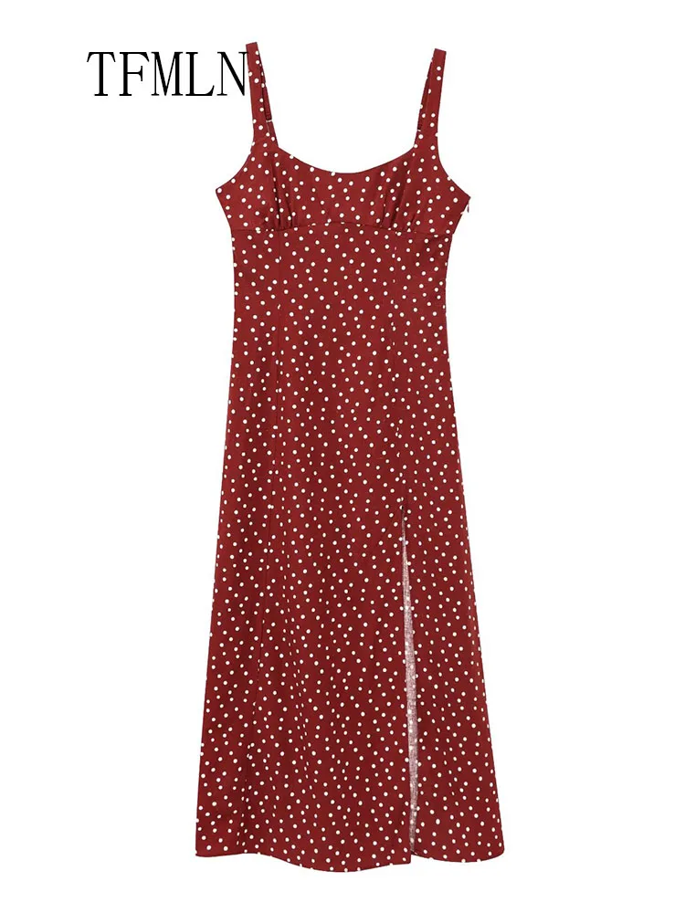 TFMLN Womens Polka Dot Midi Dresses 2025 Summer Elegant Strap Slim Dress Woman Sleeveless Red Long Dress Evening Party Dresses