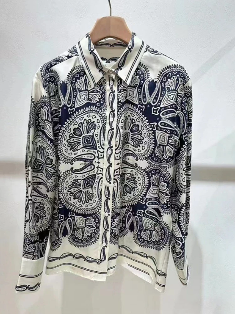 

Новинка 2024, Ранняя весна, женская рубашка с отложным воротником и длинным рукавом с принтом, топы/широкие брюки с высокой талией