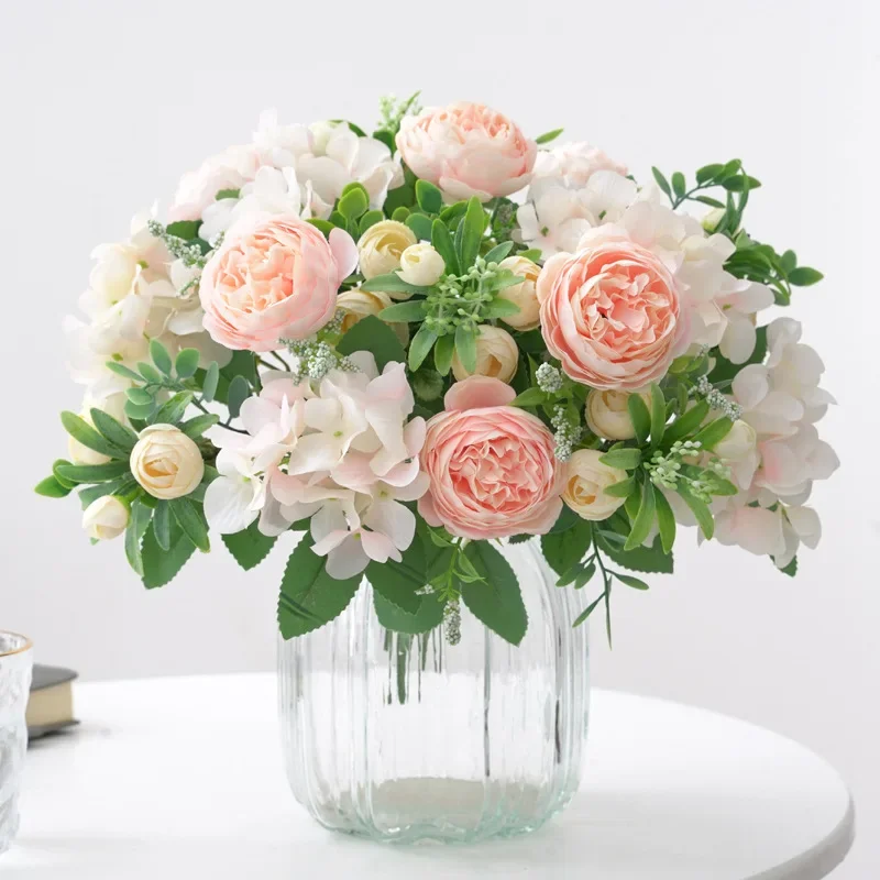 Blue Silk Bouquets Artificial Forest Hydrangea Peony Bud Wedding Bride Hand Bouquet Home Garden Decor