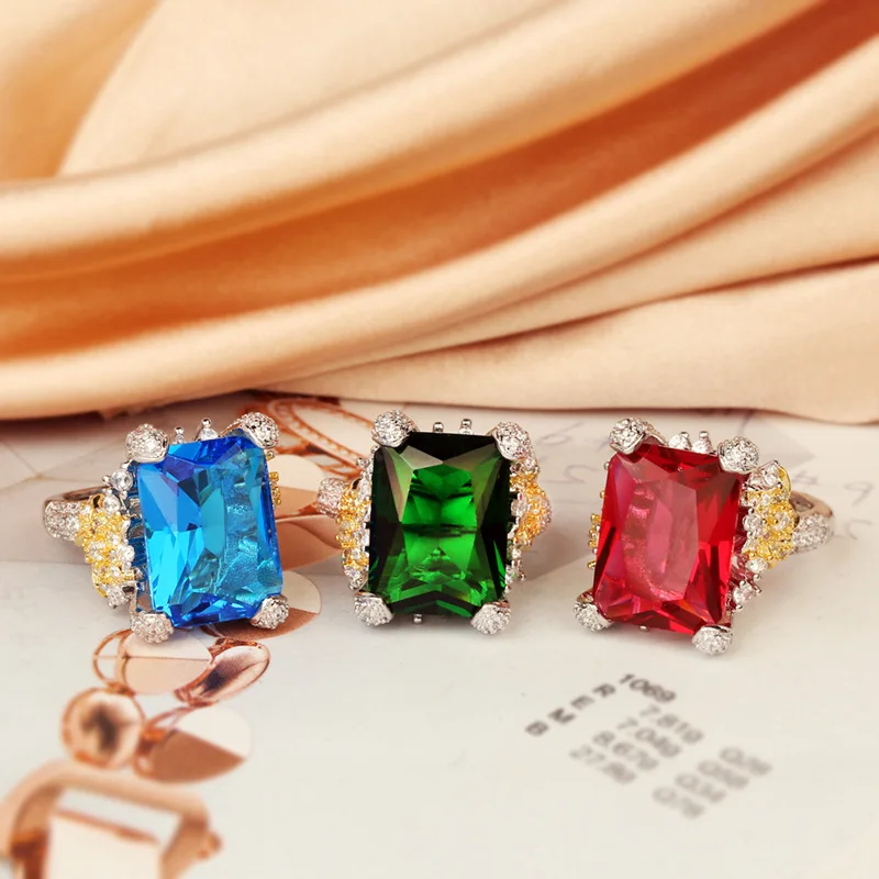 Classic Colored Zircon Women'S Ring New Shiny Colored Treasure Jewelry Square Zircon Ring Birthday Party Jewelry Gift