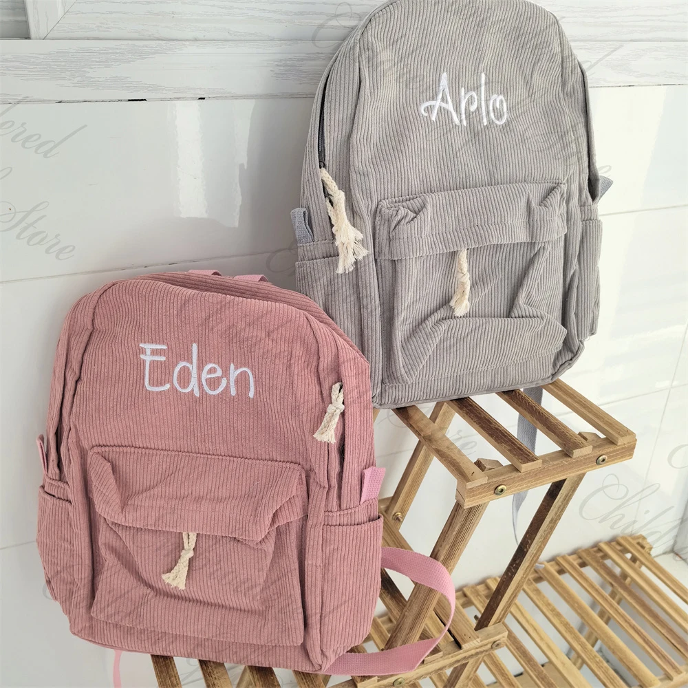 

Custom Embroidered Name Large Capacity Corduroy Campus Schoolbags for Boys and Girls Personalized Solid Color Gift Backpacks