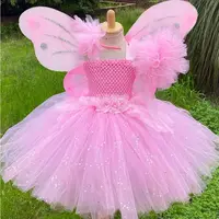Robe de fée rose pour filles, Tutu à paillettes, robes à fleurs avec aile et bâton, nœud de cheveux, Costumes de fête d'anniversaire et d'halloween pour enfants 3
