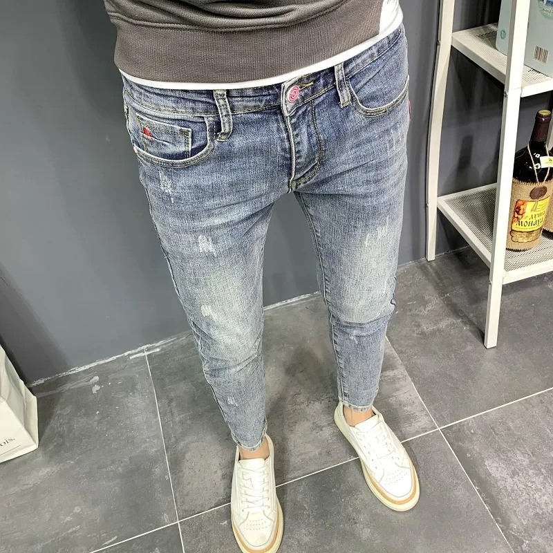 Summer light color jeans men's retro fashion brand embroidery slim fit small feet Korean fashion casual thin nine point pants