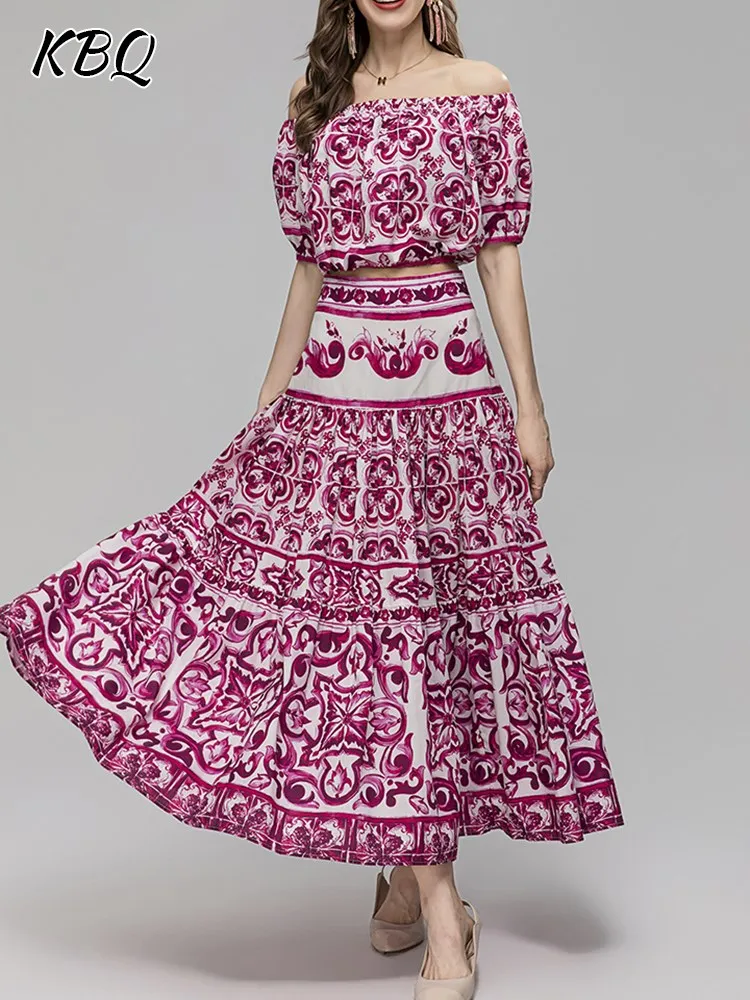 

KBQ-Two-Piece Sets for Women, Slash Neck, Short Sleeve Crop Tops, High Waist Pleated Skirts, Elegant Female Set, Summer