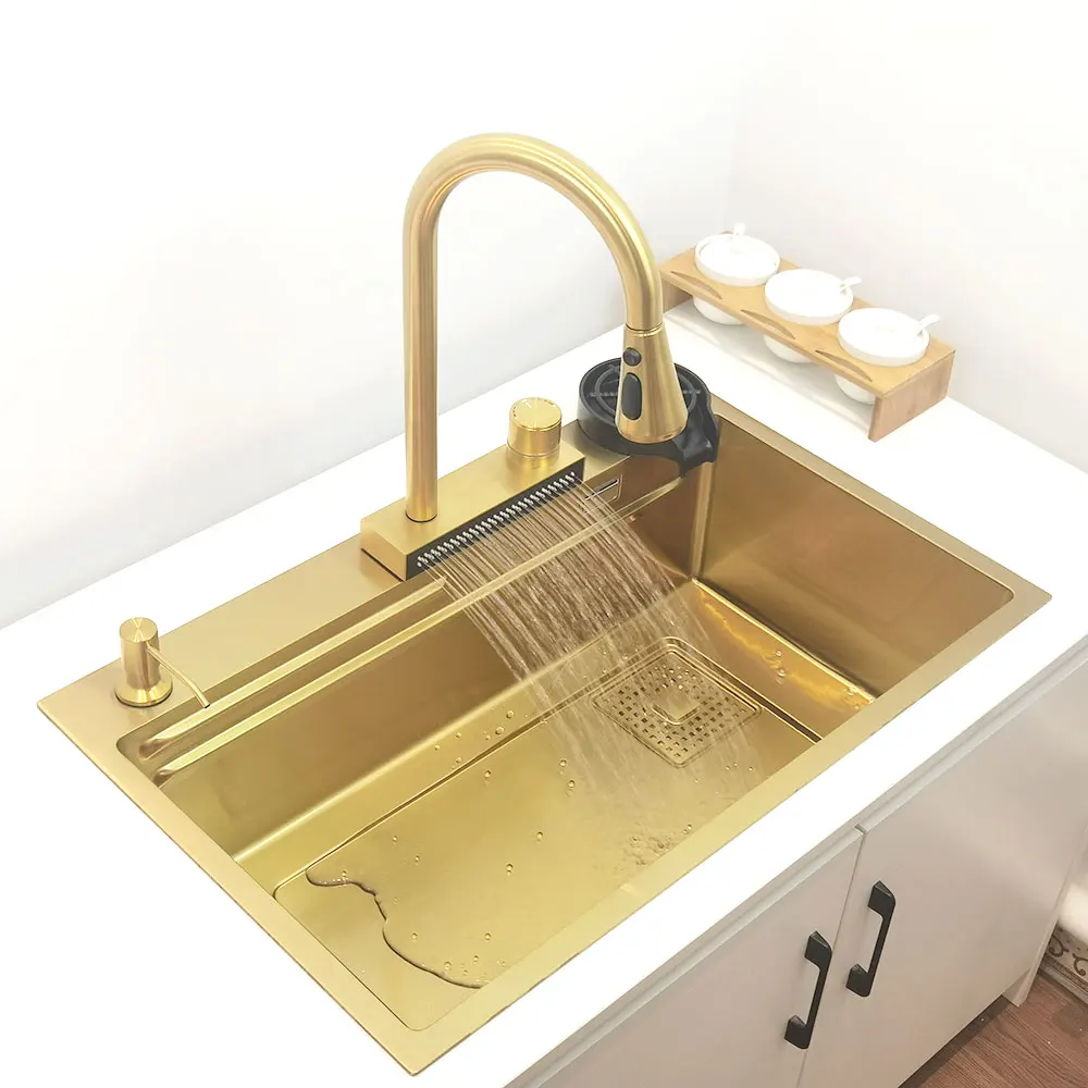 4-function kitchen faucet nano kitchen sink Golden Waterfall tap Stainless Steel Single Bowl Wash Basin Anti-scratch sinks Gold
