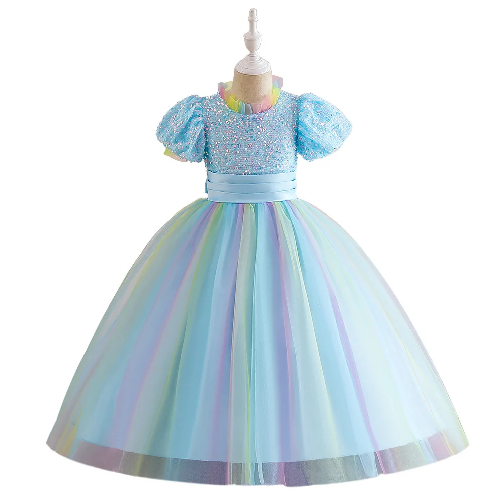 

New Teenager Girls Costume Bubble Sleeved Children Dress Rainbow Gradient Mesh Fluffy Princess Dresses Piano Performance Suit