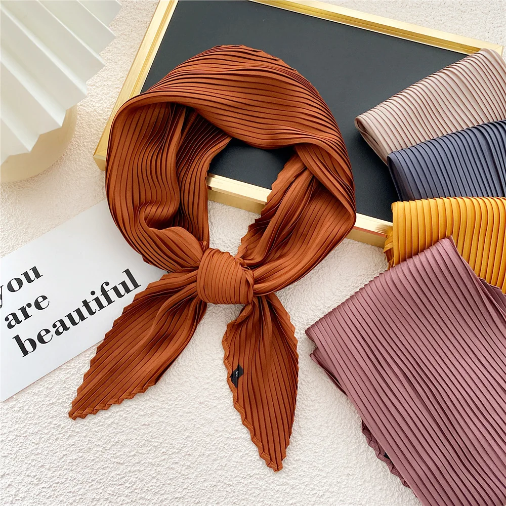 Square Scarf Silk Pleated Scarf Women Solid Color Headscarf Foulard Scarves Decorative Headscarf Scarves Skinny Hair Tie Band 2
