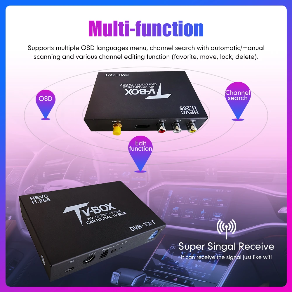 Auto Car TV Signal Box DVB-T/T2 Car Mobile Digital TV Box Receiver HEVC H.265 TV Tuner Box Germany Europe DVB-T DVB-T2