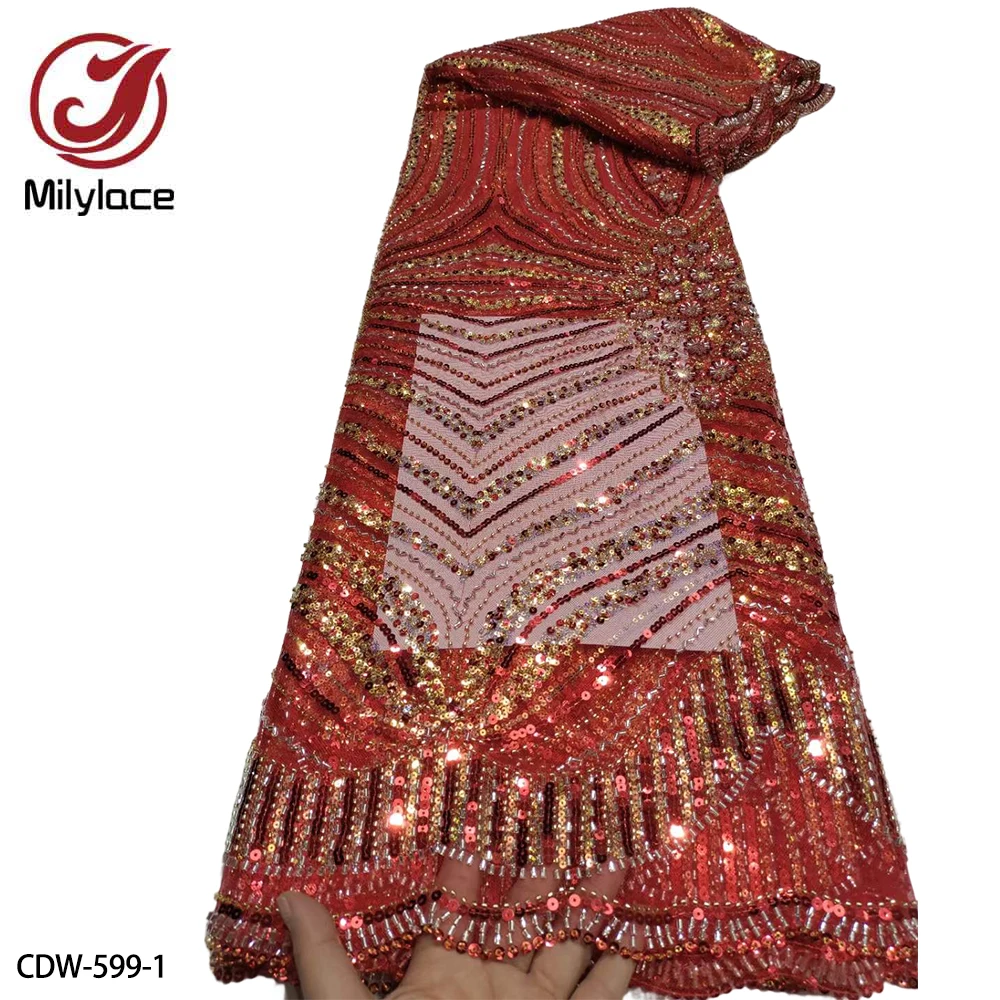 

African Nigerian Sequins French Tulle Embroidery Lace Fabric Luxury Beaded Lace Fabric for Wedding CDW-599