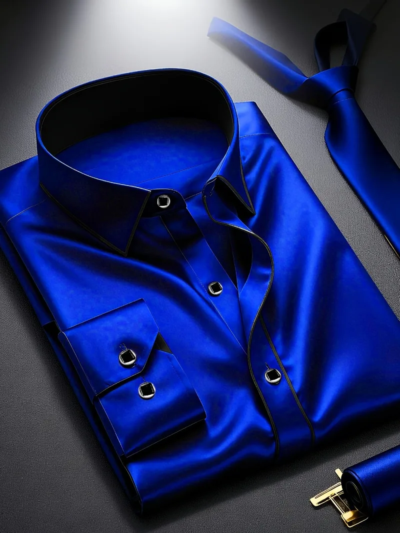 2025 جديد الرجال المرقعة قميص الموضة الفاخرة طويلة الأكمام الذكية عادية أربعة الموسم سهرة رجل مايكرو مطاطا القمصان