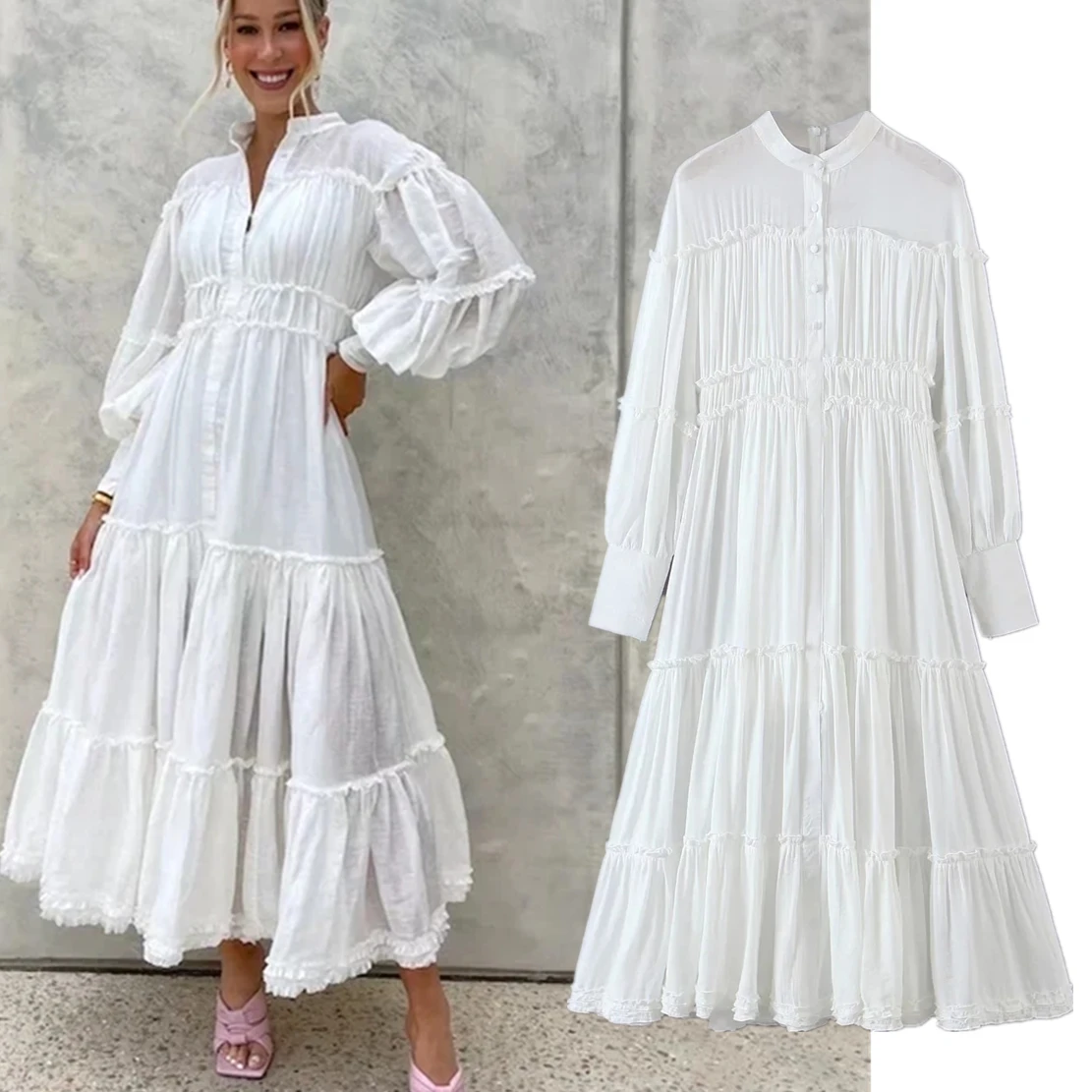 

Dave&Di Indie Folk Vintage Lantern Sleeve Ins Blogger Stand Collar Pure Cotton White Lace Splicing Party Maxi Dress Women