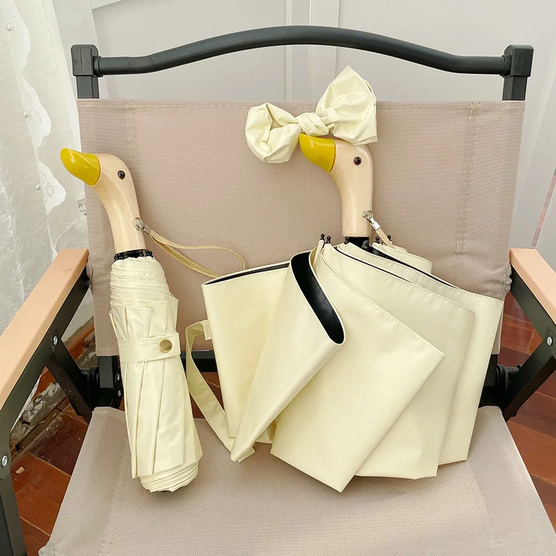 Cute Duck Handle Umbrella Women's Foldable Vinyl Parasol Sun Protection Ultraviolet Sun Umbrella Rain Shine