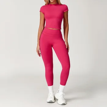 Women's 2PCS Yoga Set  Sportswear  Clothing  Gym Quick Drying Legging Fitness Sexy Bra Crop Top Short Sleeves Sports Suit Set 1