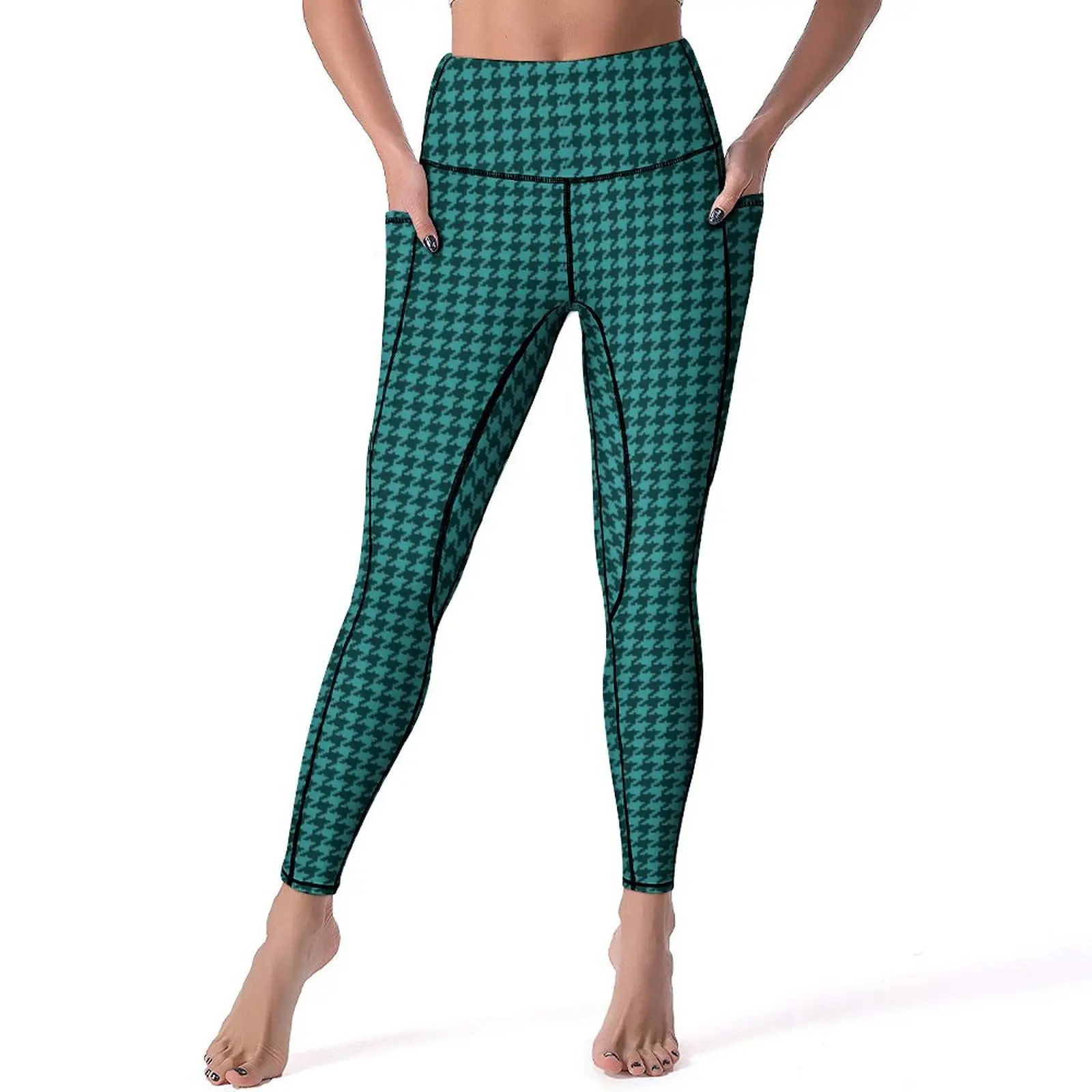 

Retro Houndstooth Leggings Green And Black Workout Gym Yoga Pants High Waist Casual Leggins Stretch Pattern Sports Tights Gift