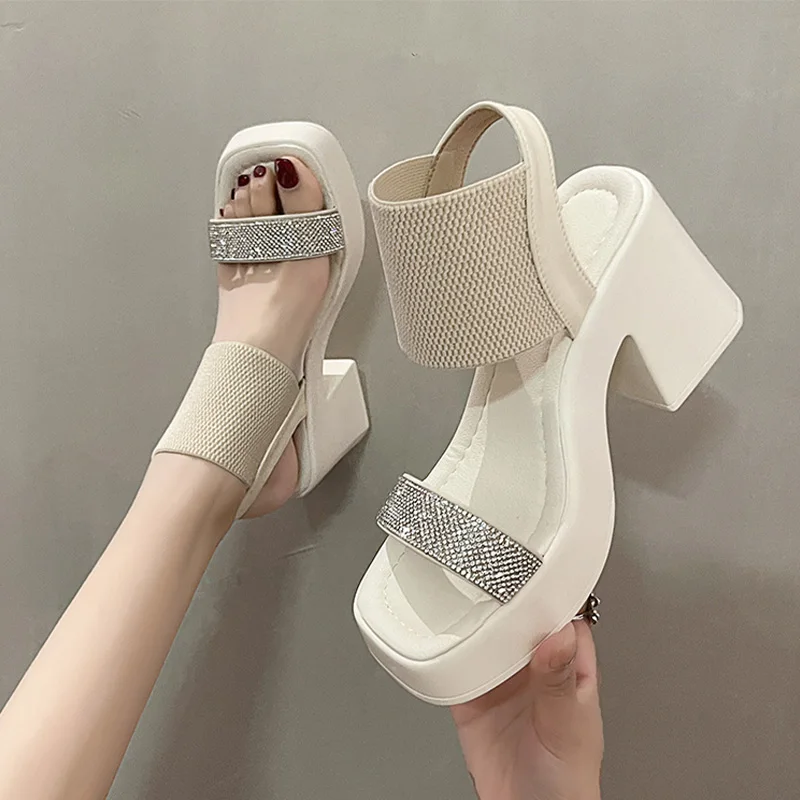 

Chunky Fad High Heels Women Sandals Shoes 2023 Summer Platform Pumps New Slides Knitting Dress Thick Slingback Women Slippers