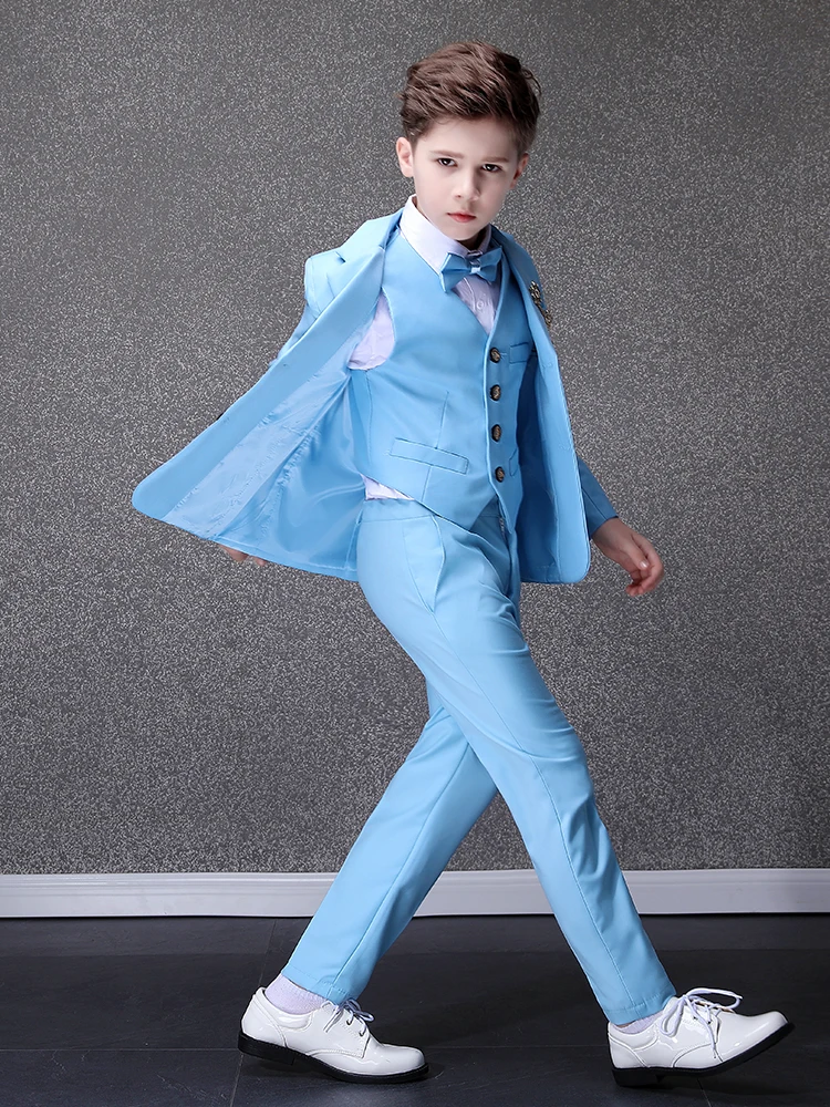 Kids Tuxedo Evening Party Wear Teenager Graduation Birthday Costume Children Sky Blue Photograph Suit Flower Boys Wedding Dress boys suit set