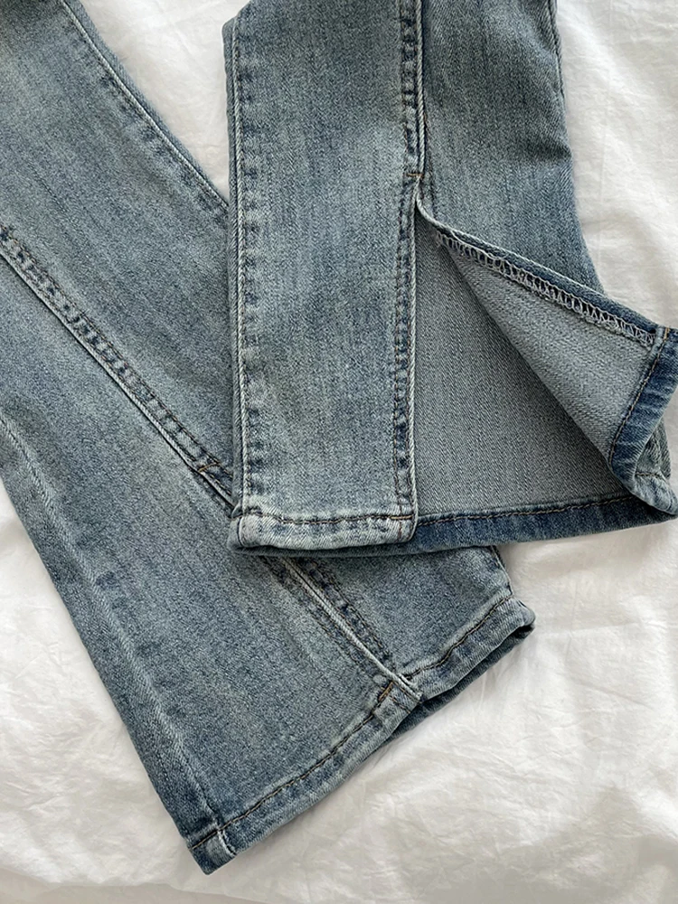 Vintage Washed 2 Buttons Split Jeans Women 2023 New High Waist Micro Flare Denim Pants Female Korean Fashion Slim Trousers Girls