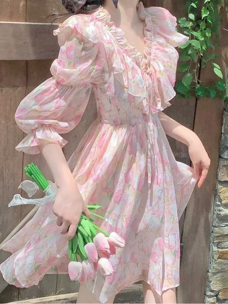 

Korea Spring Summer Dress French Style Elegant Floral Printed Midi Dresses Women Slim Ruffle Pink Chiffon Vestidos Femme
