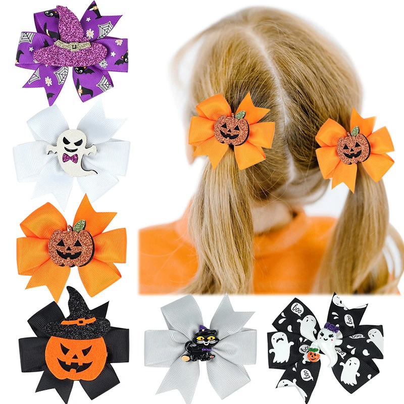 Children Halloween Bows Hair Clips For Baby Girls Shiny Bowknot Hairpins Ghost Pumpkin Witch Hat Barrettes Hair Accessories