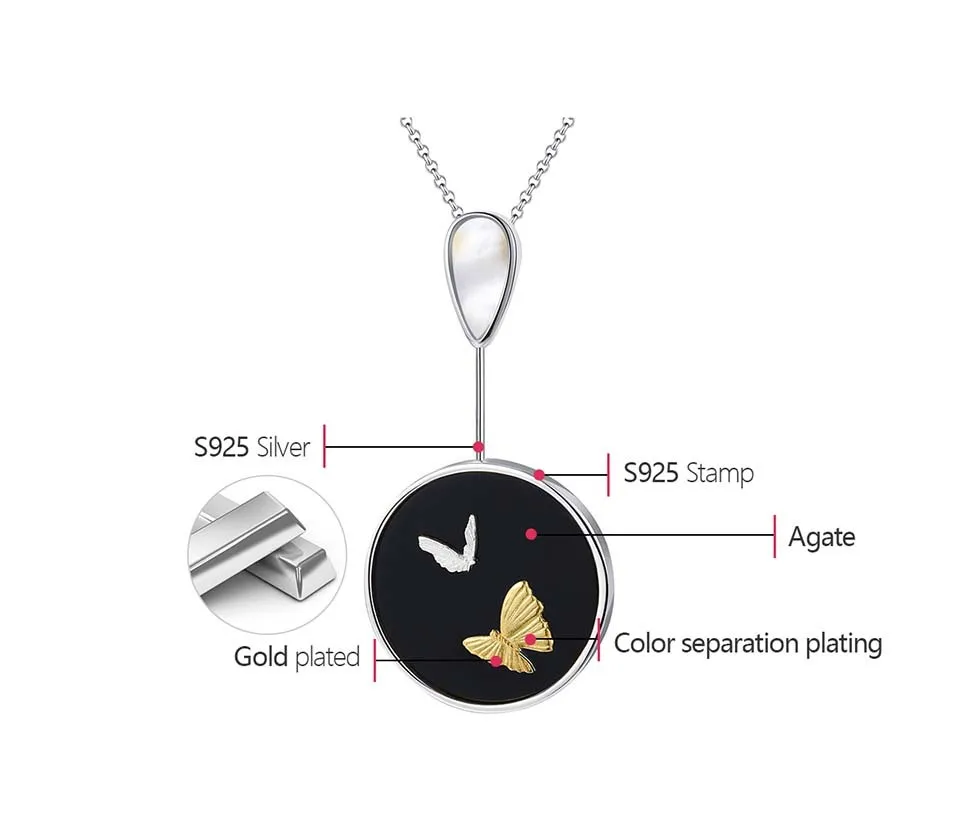 Silver Round Natural Agate Stone Butterfly Pendants and Necklaces