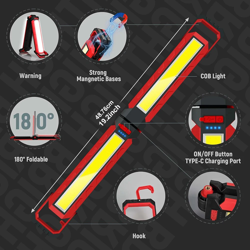 LED Work Light 180&deg; Foldable & Magnetic Underhood Mechanic Light, 4000mAh Rechargeable with Hooks for Car Repair, Emergency