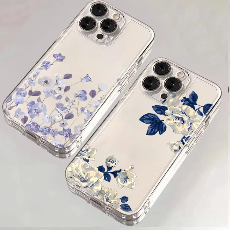 Blue Leaf White Flower Pattern Transparent Phone Case Cover